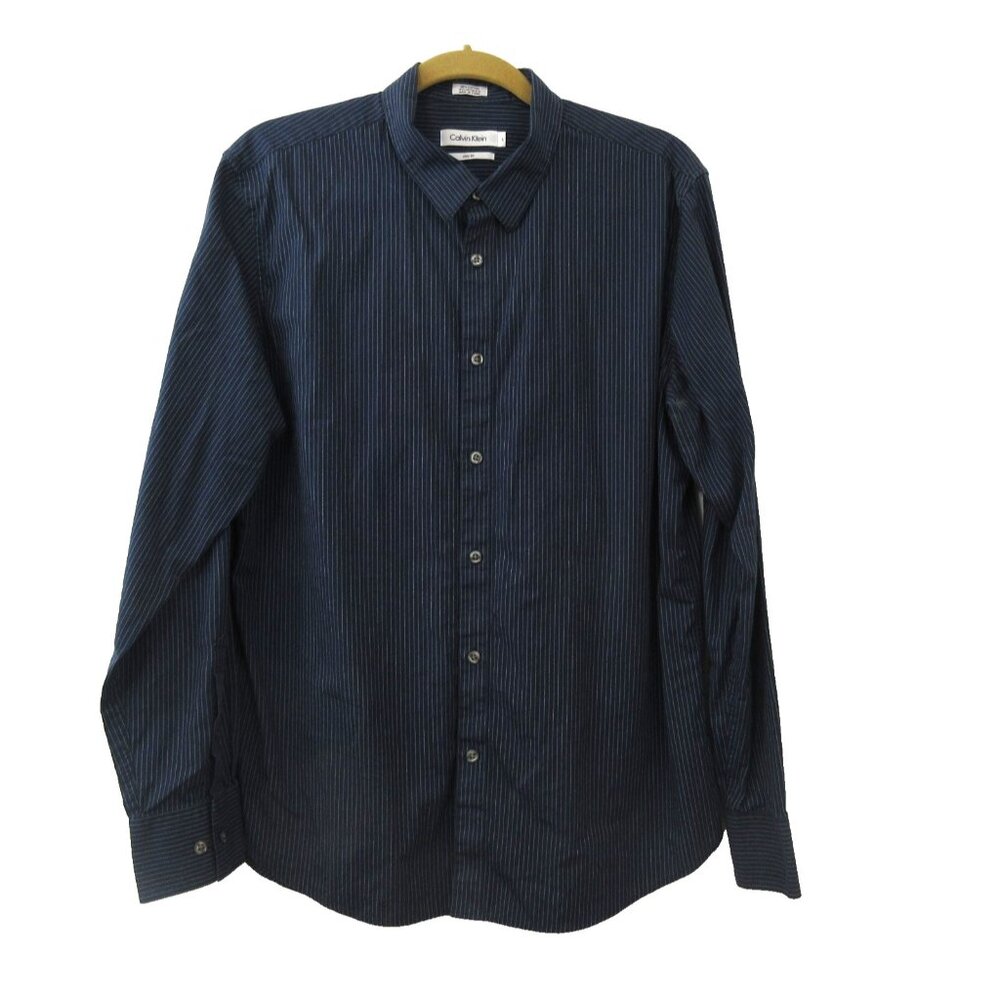 Calvin Klein Men's Shirt Lg Slim Fit Button-Front Navy Blue Stripes Long Sleeve